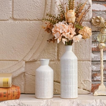 TERESA'S COLLECTIONS White Ceramic Vase for Home Decor, Beige Farmhouse Vase for Pampas Grass, Decorative Boho Rustic Vase for Living Room,Mantel,Ideal Housewarming Gifts for Mom Decor, 9.7"-Set of 2