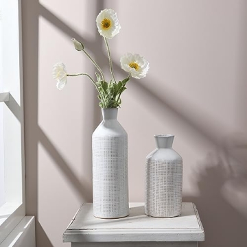TERESA'S COLLECTIONS White Ceramic Vase for Home Decor, Beige Farmhouse Vase for Pampas Grass, Decorative Boho Rustic Vase for Living Room,Mantel,Ideal Housewarming Gifts for Mom Decor, 9.7"-Set of 2