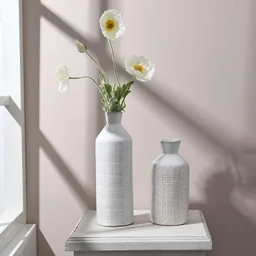 TERESA'S COLLECTIONS White Ceramic Vase for Home Decor, Beige Farmhouse Vase for Pampas Grass, Decorative Boho Rustic Vase for Living Room,Mantel,Ideal Housewarming Gifts for Mom Decor, 9.7"-Set of 2