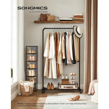 SONGMICS Clothes Rack with Wheels, Clothing Rack for Hanging Clothes, 25.4 mm Metal Garment Rack with Dense Mesh Storage Shelf, 110 lb Load Capacity, 2 Brakes, Black UHSR25BK