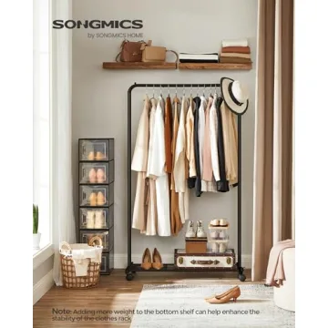 SONGMICS Clothes Rack with Wheels, Clothing Rack for Hanging Clothes, 25.4 mm Metal Garment Rack with Dense Mesh Storage Shelf, 110 lb Load Capacity, 2 Brakes, Black UHSR25BK