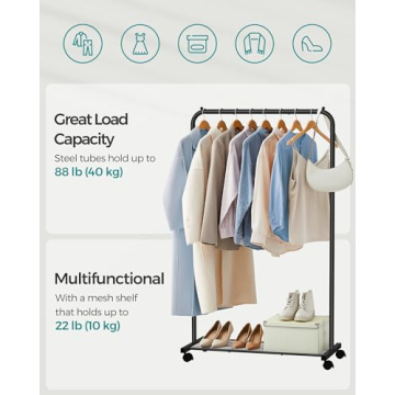 SONGMICS Clothes Rack with Wheels, Clothing Rack for Hanging Clothes, 25.4 mm Metal Garment Rack with Dense Mesh Storage Shelf, 110 lb Load Capacity, 2 Brakes, Black UHSR25BK