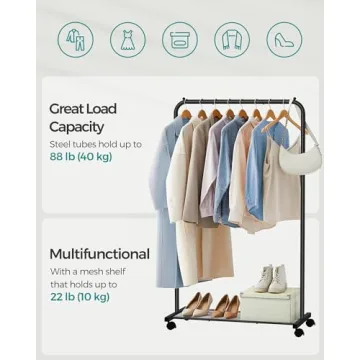 SONGMICS Clothes Rack with Wheels, Clothing Rack for Hanging Clothes, 25.4 mm Metal Garment Rack with Dense Mesh Storage Shelf, 110 lb Load Capacity, 2 Brakes, Black UHSR25BK
