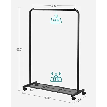 SONGMICS Clothes Rack with Wheels, Clothing Rack for Hanging Clothes, 25.4 mm Metal Garment Rack with Dense Mesh Storage Shelf, 110 lb Load Capacity, 2 Brakes, Black UHSR25BK