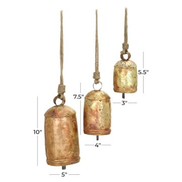 Deco 79 Metal Decorative Cow Bells Tibetan Inspired with Jute Hanging Rope, Set of 3 10",8",6"H, Gold