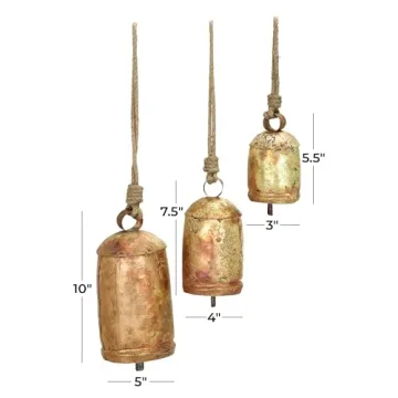 Deco 79 Metal Decorative Cow Bells Tibetan Inspired with Jute Hanging Rope, Set of 3 10",8",6"H, Gold