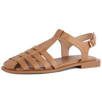 MaxMuxun Women's Flat Sandals Closed Toe Summer Roman Sandals Beach Sandals Square Toe Gladiator Out...