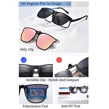 OopsMi Clip On Sunglasses Polarized Unisex Large Lightweight For Prescription Glasses (Pink Lens)