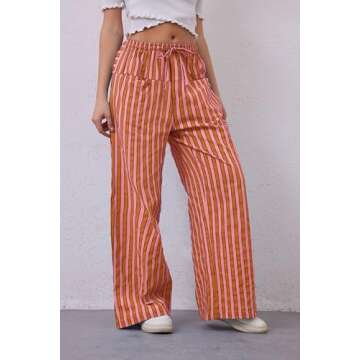 AIHUKOCY Women Drawstring Stripe Wide Leg Casual Trousers Striped Low Rise Casual Loose Lounge Pants with Pockets Red