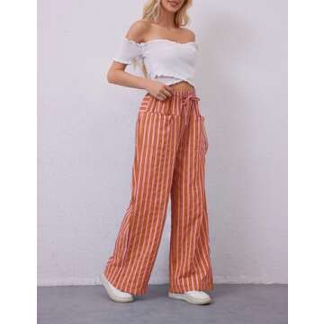 AIHUKOCY Women Drawstring Stripe Wide Leg Casual Trousers Striped Low Rise Casual Loose Lounge Pants with Pockets Red
