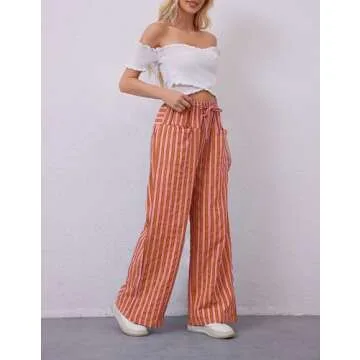AIHUKOCY Women Drawstring Stripe Wide Leg Casual Trousers Striped Low Rise Casual Loose Lounge Pants with Pockets Red