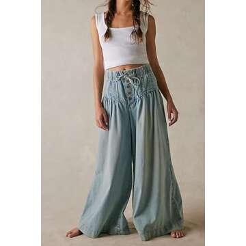 yoeasy Women's Mid Rise Wide Leg Jeans Elastic Drawstring Loose Ruffle Pleated Denim Pants Y2k Baggy...