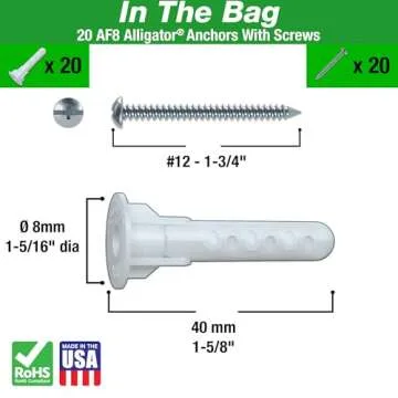 TOGGLER Alligator AF8 Flanged Anchor with Screws, Polypropylene, Made in US, for #8 to #14 Fastener Sizes (Pack of 20)