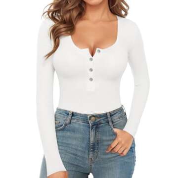 MANGOPOP Women's Henley Shirt Scoop Neck Button Down Ribbed Long Sleeve Bodysuits