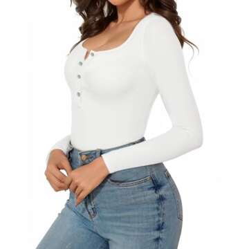 MANGOPOP Women's Henley Shirt Scoop Neck Button Down Ribbed Long Sleeve Bodysuits