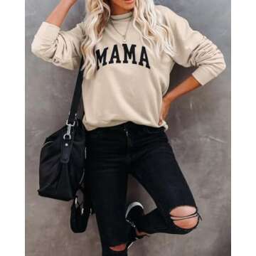 Dressmine Womens Crewneck Sweatshirt Raglan Long Sleeve Mama Letter Print Graphic Shirts Casual Pullover Tops 2025 Apricot Large