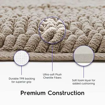Tafts Bathroom Rugs, Extra-Thick Memory Foam Bath Mat, Ultra-Soft Chenille Microfiber, Highly Absorbent, Machine Washable, Shaggy Bath Mats for Bathroom, Non-Slip (27"x47") Almond Beige