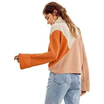 MsLure Women’s Pullover Sweater Casual Long Sleeve Turtleneck Colorblock Sweater Knit Jumper for Women (4-6, Orange 2)