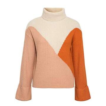 MsLure Women’s Pullover Sweater Casual Long Sleeve Turtleneck Colorblock Sweater Knit Jumper for Women (4-6, Orange 2)