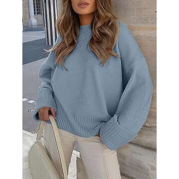ANRABESS Women's Oversized Crewneck Long Sleeve Fuzzy Knit Casual Chunky Warm 2025 Fall Pullover Sweaters Top Trendy Outfits Grey Blue X-Large