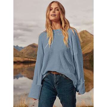 ANRABESS Women's Oversized Crewneck Long Sleeve Fuzzy Knit Casual Chunky Warm 2025 Fall Pullover Sweaters Top Trendy Outfits Grey Blue X-Large