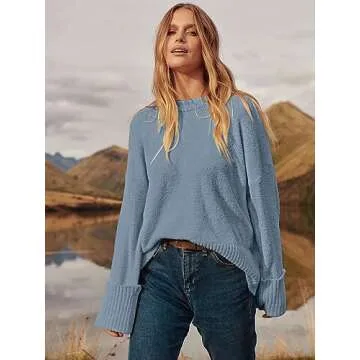 ANRABESS Women's Oversized Crewneck Long Sleeve Fuzzy Knit Casual Chunky Warm 2025 Fall Pullover Sweaters Top Trendy Outfits Grey Blue X-Large