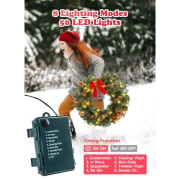 24 Inch Pre-Lit Handcrafted Christmas Wreath, IP44 Battery Operated 50 LED Christmas Wreaths, Decor with Pinecones Pine Needles Branches Red Berry Mini Bow, X-Mas Collection for Front Door Wall Window