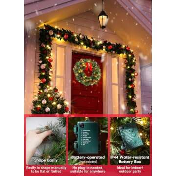 24 Inch Pre-Lit Handcrafted Christmas Wreath, IP44 Battery Operated 50 LED Christmas Wreaths, Decor with Pinecones Pine Needles Branches Red Berry Mini Bow, X-Mas Collection for Front Door Wall Window
