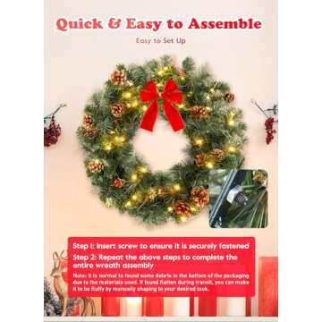 24 Inch Pre-Lit Handcrafted Christmas Wreath, IP44 Battery Operated 50 LED Christmas Wreaths, Decor with Pinecones Pine Needles Branches Red Berry Mini Bow, X-Mas Collection for Front Door Wall Window