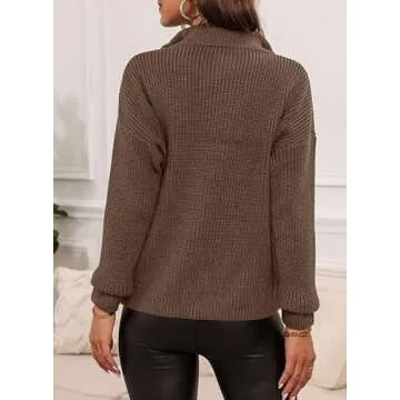 EVALESS Womens Fall Trendy 2024 Oversized Sweaters 1/4 Zipper Dressy Tops Lightweight Long Sleeve Sweaters Sexy V Neck Cable Knit Pullover Tops Business Casual Outfits for Women Work, Coffee Small