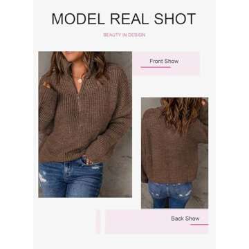 EVALESS Womens Fall Trendy 2024 Oversized Sweaters 1/4 Zipper Dressy Tops Lightweight Long Sleeve Sweaters Sexy V Neck Cable Knit Pullover Tops Business Casual Outfits for Women Work, Coffee Small