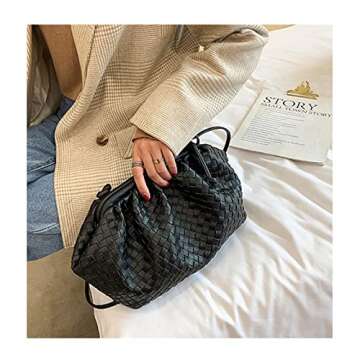 NAARIIAN Women casual soft PU stripes woven bag | cloud dumpling Ruched clutch purses | chain shoulder evening handbag(Black L)