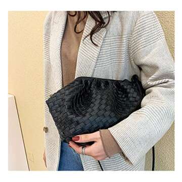 NAARIIAN Women casual soft PU stripes woven bag | cloud dumpling Ruched clutch purses | chain shoulder evening handbag(Black L)
