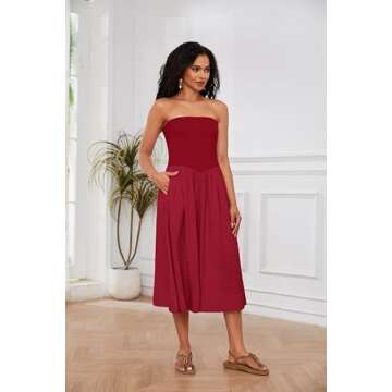 Livtany Women Off Shoulder Midi Dress Strapless Sleeveless Drop-Waist A Line Tube Dress Trendy Summer Swing Patchwork Dress Red