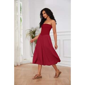Livtany Women Off Shoulder Midi Dress Strapless Sleeveless Drop-Waist A Line Tube Dress Trendy Summer Swing Patchwork Dress Red