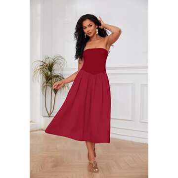 Livtany Women Off Shoulder Midi Dress Strapless Sleeveless Drop-Waist A Line Tube Dress Trendy Summer Swing Patchwork Dress Red
