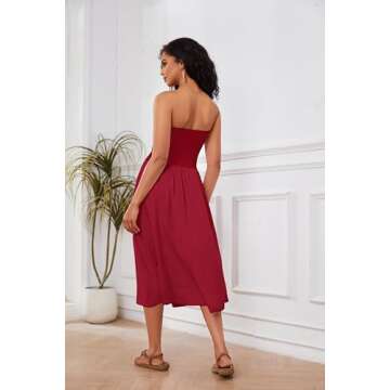 Livtany Women Off Shoulder Midi Dress Strapless Sleeveless Drop-Waist A Line Tube Dress Trendy Summer Swing Patchwork Dress Red