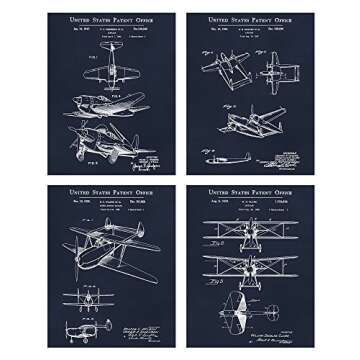 Wallables Navy Blue Vintage Airplane Patents Set! Four 8x10 Aviation Themed Mens Wall Decor Art Prin...