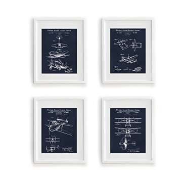 Wallables Navy Blue Vintage Airplane Patents Set! Four 8x10 Aviation Themed Mens Wall Decor Art Prints for Office, Home, Living Room, Bachelor Pad or Barbershop Decoration! Designed Exclusively