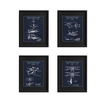 Wallables Navy Blue Vintage Airplane Patents Set! Four 8x10 Aviation Themed Mens Wall Decor Art Prints for Office, Home, Living Room, Bachelor Pad or Barbershop Decoration! Designed Exclusively