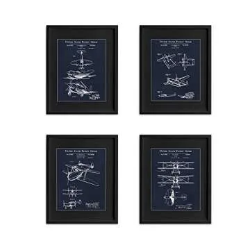 Wallables Navy Blue Vintage Airplane Patents Set! Four 8x10 Aviation Themed Mens Wall Decor Art Prints for Office, Home, Living Room, Bachelor Pad or Barbershop Decoration! Designed Exclusively