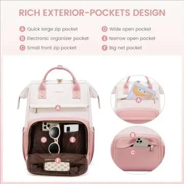 LOVEVOOK Leather Backpack for Women,18 inch Leather Laptop Backpack Women,Professional Work Backpack Nurse College Teacher Bag,Womens Laptop Tote Bag Computer Travel Backpack Purse,Beige White-Pink