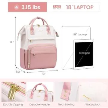LOVEVOOK Leather Backpack for Women,18 inch Leather Laptop Backpack Women,Professional Work Backpack Nurse College Teacher Bag,Womens Laptop Tote Bag Computer Travel Backpack Purse,Beige White-Pink