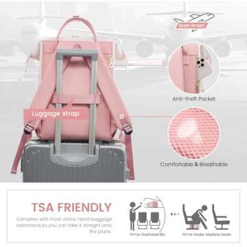 LOVEVOOK Leather Backpack for Women,18 inch Leather Laptop Backpack Women,Professional Work Backpack Nurse College Teacher Bag,Womens Laptop Tote Bag Computer Travel Backpack Purse,Beige White-Pink