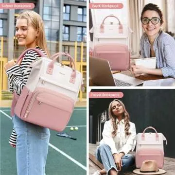 LOVEVOOK Leather Backpack for Women,18 inch Leather Laptop Backpack Women,Professional Work Backpack Nurse College Teacher Bag,Womens Laptop Tote Bag Computer Travel Backpack Purse,Beige White-Pink