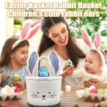 Easter Basket Egg Hunt Bunny Baskets for Kids Boy Girls Baby with White Cute Rabbit Ears Soft Plush Empty Bucket Bag Personalized Storage Candy Gift Baby Shower Wedding Party Decoration Supplies