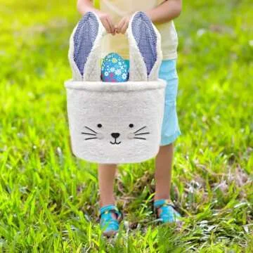 Easter Basket Egg Hunt Bunny Baskets for Kids Boy Girls Baby with White Cute Rabbit Ears Soft Plush Empty Bucket Bag Personalized Storage Candy Gift Baby Shower Wedding Party Decoration Supplies