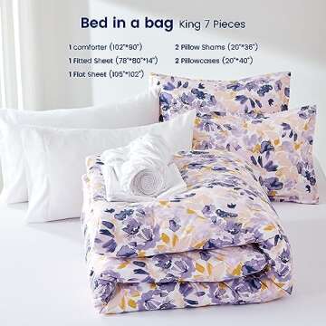 SLEEP ZONE King Size Comforter Set Bed in a Bag - All Season Bedding Comforter Sets 7 Pieces with 1 Comforter, 1 Fitted Sheet, 1 Flat Sheet, 2 Pillow Sham, 2 Pillowcase, Watercolor Floral Purple