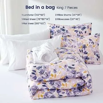 SLEEP ZONE King Size Comforter Set Bed in a Bag - All Season Bedding Comforter Sets 7 Pieces with 1 Comforter, 1 Fitted Sheet, 1 Flat Sheet, 2 Pillow Sham, 2 Pillowcase, Watercolor Floral Purple