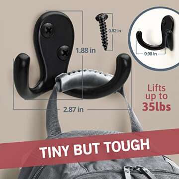 Jack N’ Drill Double Coat Hooks - 5 + 1 Pack, Black Finish, Easy Install, High Capacity